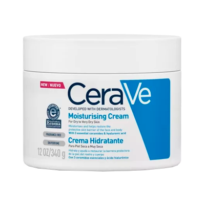 Creme hidratante CeraVe em embalagem branca com texto azul e preto