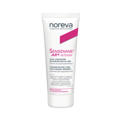 Tubo branco de creme Noreva Sensidiane AR+ Intensif com texto em rosa e preto.