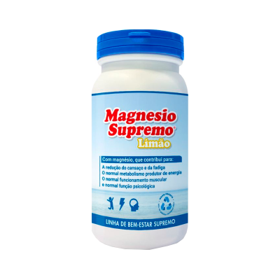 Frasco de suplemento Magnesio Supremo Limão com rótulo azul e tampa azul