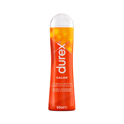 Frasco plástico transparente com líquido laranja e etiqueta Durex Calor 50 ml