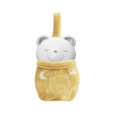 Brinquedo infantil amarelo e branco com forma de urso e padrão musical