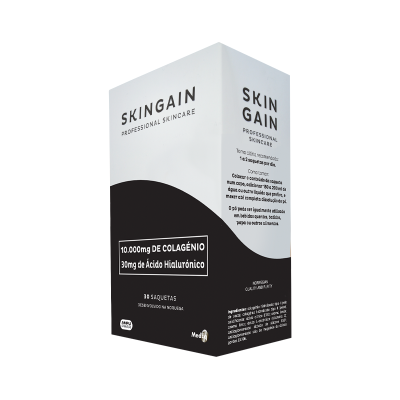 Embalagem de SKINGAIN com texto em português e design branco e preto