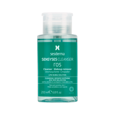 Frasco plástico translúcido com rótulo verde e texto branco de removedor de maquilhagem Sesderma