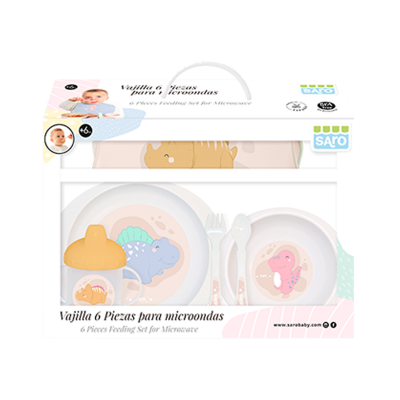 Conjunto de 6 peças para micro-ondas com desenhos de dinossauros em cores pastel