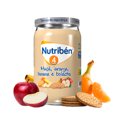 Frasco de papinha Nutriben com maçã, laranja, banana e bolacha, frutas e bolachas ao lado