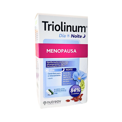 Embalagem de Triolinum Dia Noite Menopausa com texto informativo e imagens de cápsulas e plantas