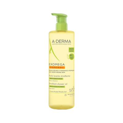 Frasco de óleo de duche emulsionante A-DERMA EXOMEGA CONTROL amarelo com tampa verde