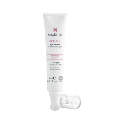 Frasco branco de creme para contorno de olhos Sesderma Reti Age com tampa transparente desenroscada