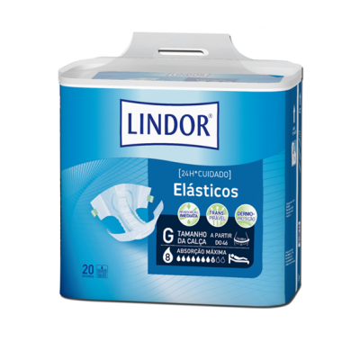 Pacote azul e branco de pensos higiénicos elásticos LINDOR tamanho G com 20 unidades
