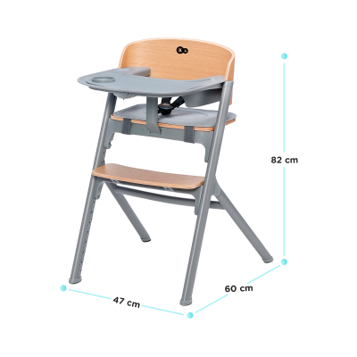 Cadeira alta para bebé cinzenta com detalhes em madeira clara e bandeja cinzenta
