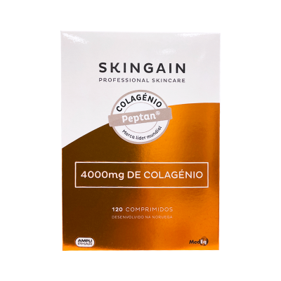 Embalagem de suplemento SKINGAIN com colagénio em comprimidos
