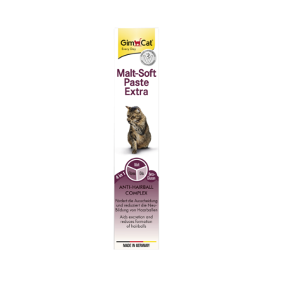 Embalagem de pasta para gatos GimCat Malt-Soft Paste Extra com imagem de gato e texto informativo.