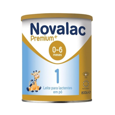 Lata de leite em pó Novalac Premium+ 0-6 meses com girafa e texto informativo