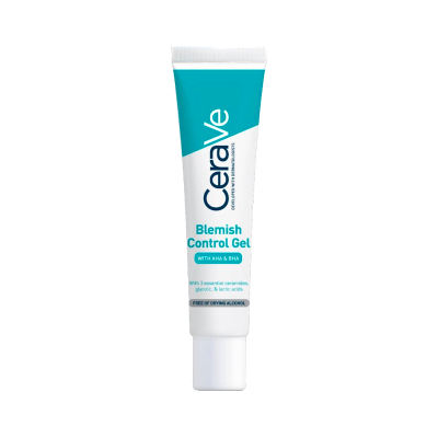 Tubo de gel CeraVe Blemish Control Gel branco e azul