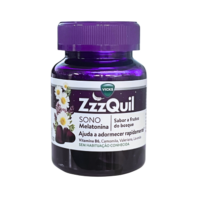 Frasco roxo de suplemento Vicks ZzzQuil com texto em português no rótulo
