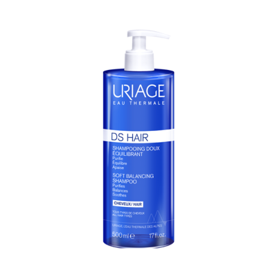 Frasco azul de champô Uriage DS Hair com doseador branco