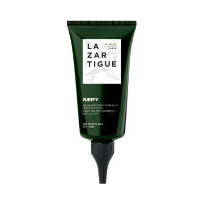 Frasco verde escuro de produto cosmético LAZARTIGUE PURIFY com tampa preta.