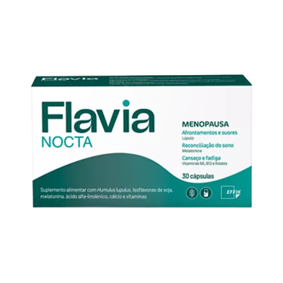 Caixa de suplemento Flavia Nocta menopausa com texto verde em fundo branco e verde.