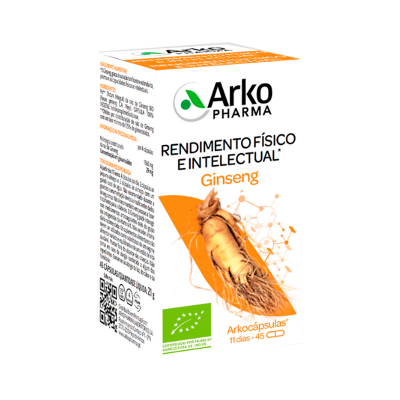 Caixa de suplemento alimentar de Ginseng Arkopharma com embalagem branca e laranja