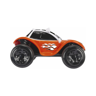 Carro de brinquedo laranja com adesivo de chamas e rodas grandes