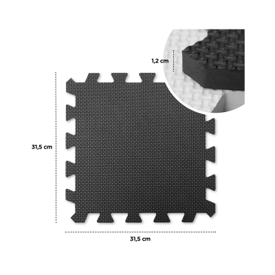 Tapete de espuma preta antiderrapante com bordas recortadas e medidas indicadas.