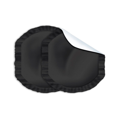 Dois discos pretos com bordas franzidas e camada superior branca destacada