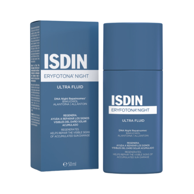 Frasco e embalagem azul do ISDIN ERYFOTONA NIGHT Ultra Fluid 50 ml