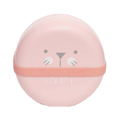 Estojo redondo rosa claro com alça rosa e rosto de animal desenhado