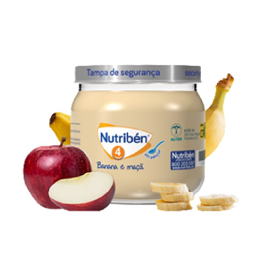 Frasco de papa de bebé Nutriben sabor Banana e maçã com frutas ao lado