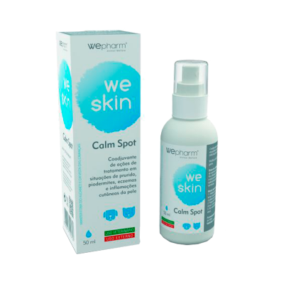 Frasco e embalagem do produto WeSkin Calm Spot para tratamento de pele em branco e azul