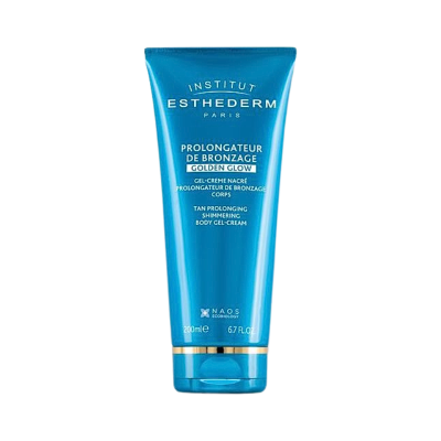 Frasco azul metálico de gel-creme corporal prolongador de bronzeado