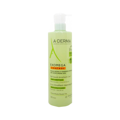 Frasco verde translúcido gel A-DERMA EXOMEGA CONTROL com tampa bomba branca