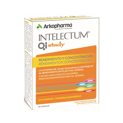 Caixa de suplemento alimentar Arkopharma INTELECTUM qi study com 30 cápsulas em fundo branco