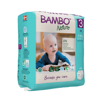 Pacote de fraldas Bambo Nature tamanho 3 com imagem de bebé sorridente