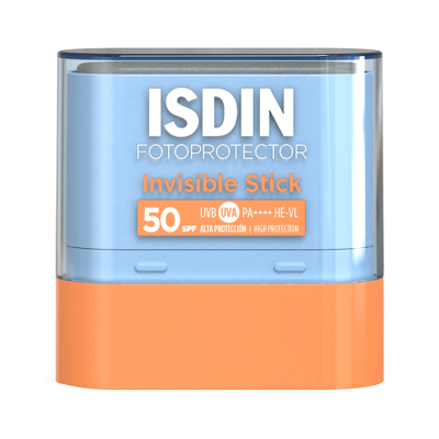 Fotoprotetor ISDIN Invisible Stick SPF 50 embalagem azul claro e laranja
