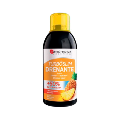 Frasco preto com tampa amarela de suplemento Turboslim Drenante sabor ananás