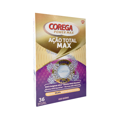 Embalagem de pastilhas de limpeza Corega Power Max Ação Total Max com texto e cores dourado e roxo.