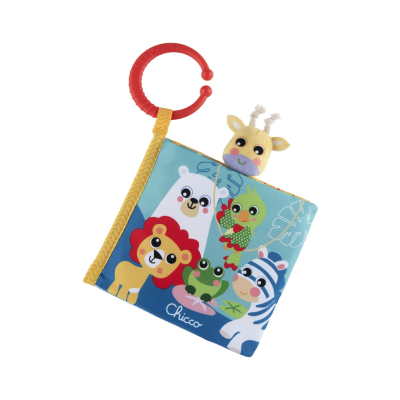 Livro de tecido colorido com desenhos de animais e argola vermelha