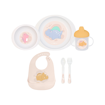 Conjunto infantil com prato, taça, biberão, colher, garfo e babete com dinossauros coloridos