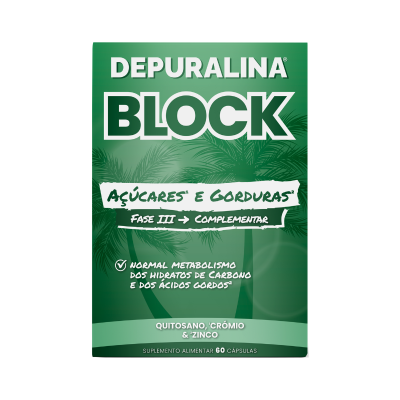 Embalagem verde de suplemento Depuralina Block Açúcares e Gorduras