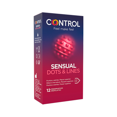 Embalagem de preservativos Control Sensual Dots & Lines azul e vermelho