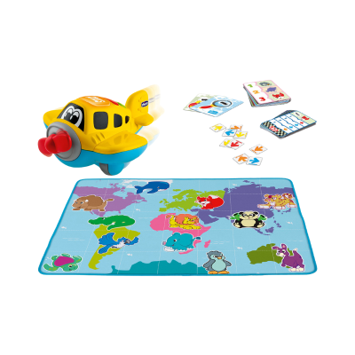 Brinquedo avião amarelo e azul com tapete mapa-mundo e cartas educativas