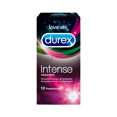 Embalagem de preservativos Durex Intense com luzes coloridas e texto informativo