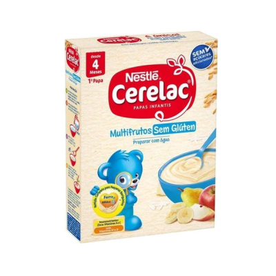 Embalagem de papas infantis Nestlé Cerelac multifrutos sem glúten com ursinho azul e frutas