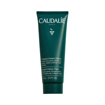 Frasco verde escuro do produto Caudalie Instant Detox Mask
