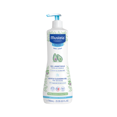 Frasco de gel de limpeza suave Mustela com design de abacate e texto bilíngue em francês e inglês