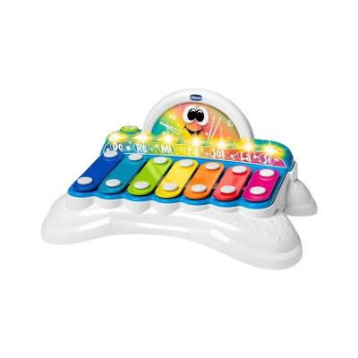 Xilofone infantil colorido em plástico branco com teclas multicoloridas e painel sorridente da Chicco