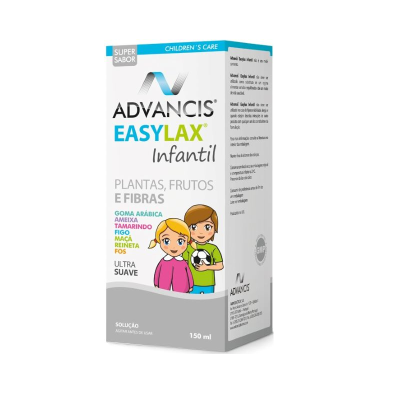 Embalagem de solução líquida Advancis Easylax Infantil com ilustração de crianças