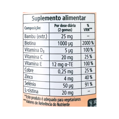 Etiqueta de suplemento alimentar com tabela de composição e valores nutricionais