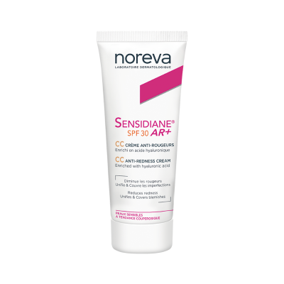 Creme anti-vermelhidão SENSIDIANE SPF 30 AR+ da Noreva em tubo branco com detalhes rosa.